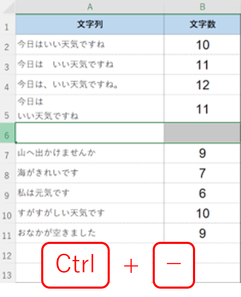 ショートカットキー[Ctrl]+[-]で空白行を削除