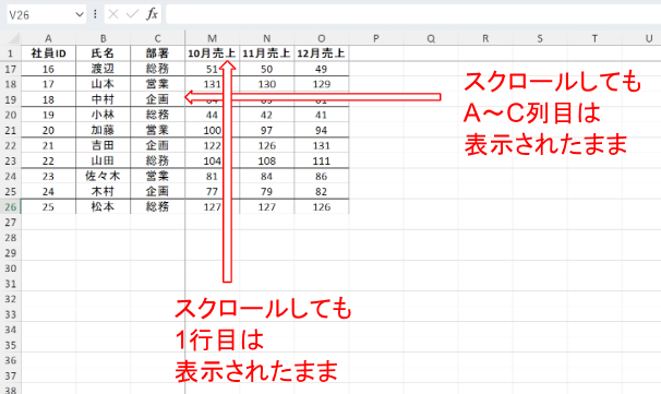 エクセルで列と行を同時に固定する方法